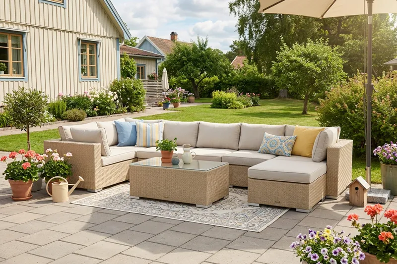 Bahamas U-formad utomhus loungegrupp 7-sits med vändbar divan och bord - Beige - Trädgård & spabad - Utemiljö - Altan & terrass - Altanmöbler