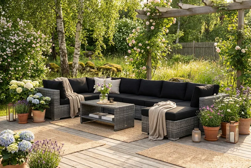 Bahamas U-formad utomhus loungegrupp 7-sits med vändbar divan och bord med hylla - Grå - Trädgård & spabad - Utemiljö - Altan & terrass - Altanmöbler