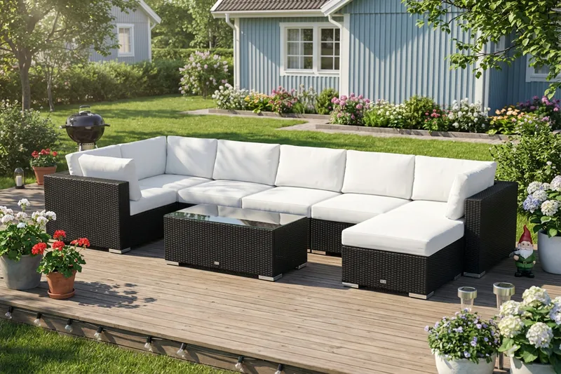 Bahamas U-formad utomhus loungegrupp 7-sits med vändbar divan och bord - Svart - Trädgård & spabad - Utemiljö - Altan & terrass - Altanmöbler