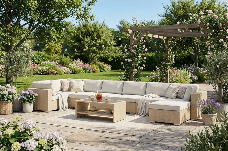 Bahamas U-formad utomhus loungegrupp 8-sits med vändbar divan och bord med hylla - Beige - Trädgård & spabad - Utemiljö - Altan & terrass - Altanmöbler