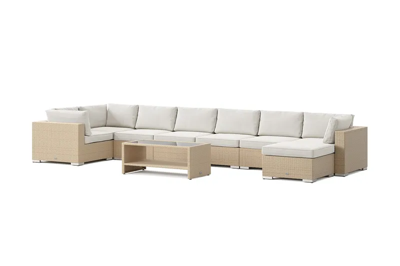 Bahamas U-formad utomhus loungegrupp 8-sits med vändbar divan och bord med hylla, Beige