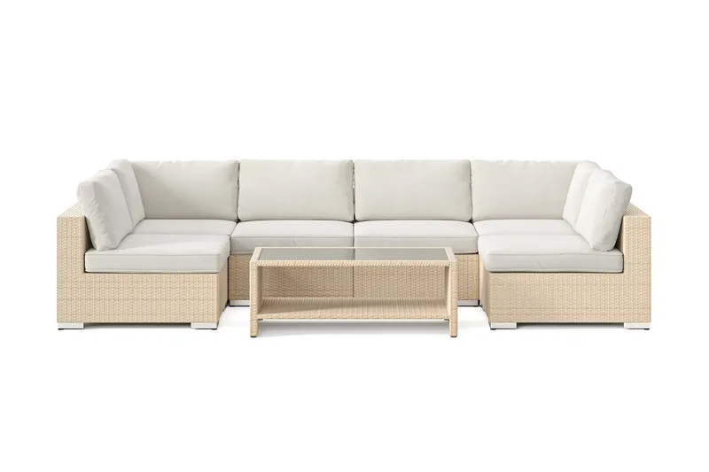 Bahamas U-formad utomhus loungegrupp med öppet avslut, 6-sits med bord och hylla - Beige - Trädgård & spabad - Utemiljö - Altan & terrass - Altanmöbler
