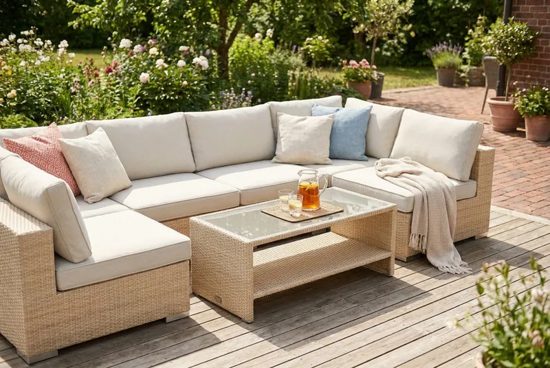 Bahamas U-formad utomhus loungegrupp med öppet avslut, 6-sits med bord och hylla - Beige - Utemöbler - Loungemöbler - Soffgrupp utomhus