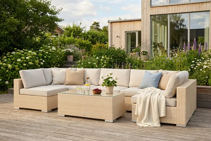 Bahamas U-formad utomhus loungegrupp med öppet avslut, 7-sits med bord - Beige - Trädgård & spabad - Utemiljö - Altan & terrass - Altanmöbler