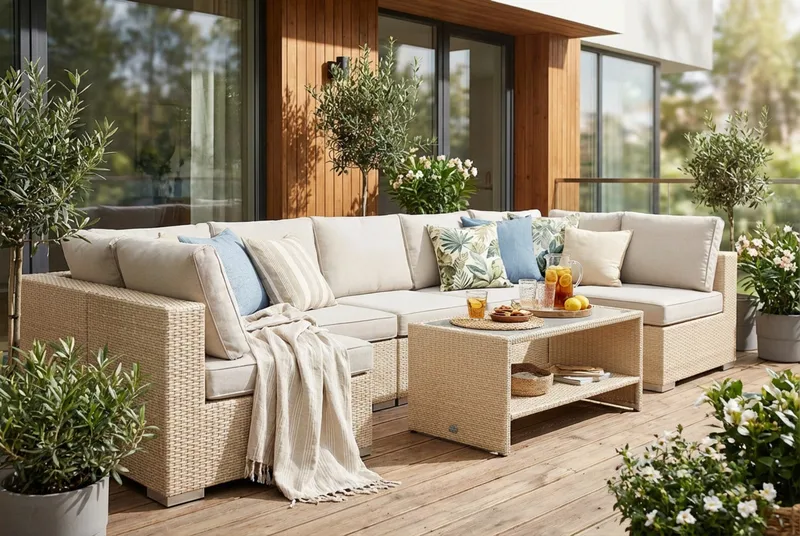 Bahamas U-formad utomhus loungegrupp med öppet avslut, 7-sits med bord och hylla - Beige - Trädgård & spabad - Utemiljö - Altan & terrass - Altanmöbler