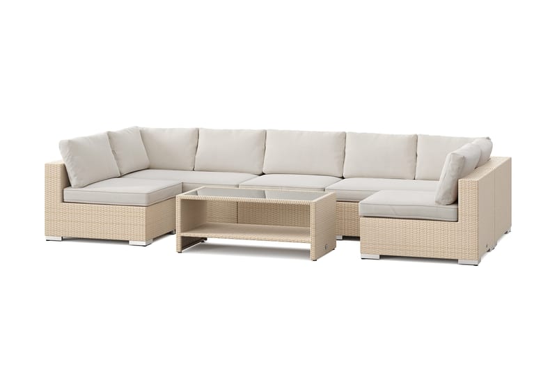 Bahamas U-formad utomhus loungegrupp med öppet avslut, 7-sits med bord och hylla, Beige