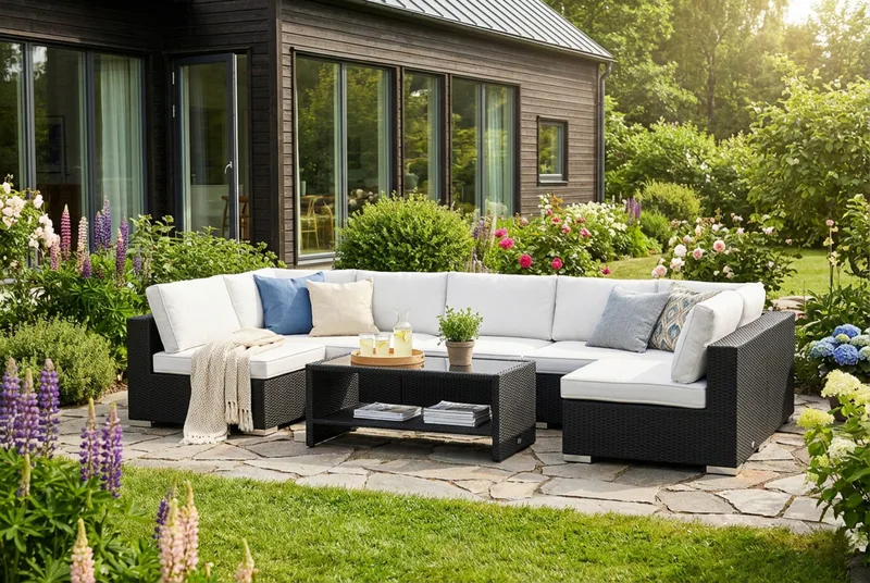 Bahamas U-formad utomhus loungegrupp med öppet avslut, 7-sits med bord och hylla - Svart - Trädgård & spabad - Utemiljö - Altan & terrass - Altanmöbler