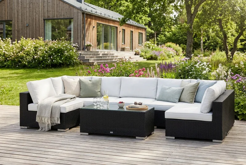 Bahamas U-formad utomhus loungegrupp med öppet avslut, 7-sits med bord - Svart - Trädgård & spabad - Utemiljö - Altan & terrass - Altanmöbler