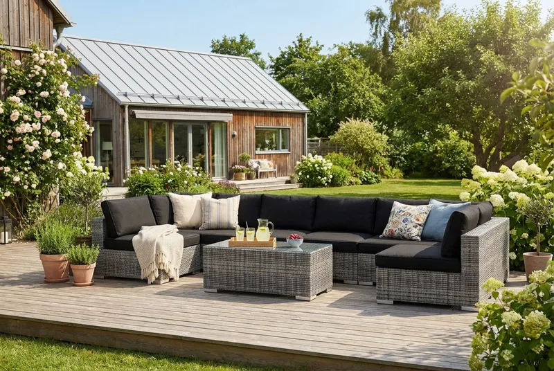 Bahamas U-formad utomhus loungegrupp med öppet avslut, 8-sits med bord - Grå - Trädgård & spabad - Utemiljö - Altan & terrass - Altanmöbler