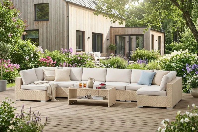 Bahamas U-formad utomhus loungegrupp med öppet avslut, 8-sits med bord och hylla - Beige - Trädgård & spabad - Utemiljö - Altan & terrass - Altanmöbler