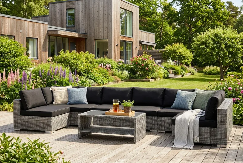 Bahamas U-formad utomhus loungegrupp med öppet avslut, 8-sits med bord och hylla - Grå - Trädgård & spabad - Utemiljö - Altan & terrass - Altanmöbler