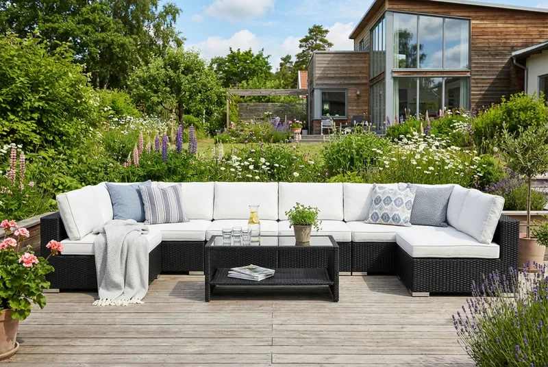 Bahamas U-formad utomhus loungegrupp med öppet avslut, 8-sits med bord och hylla - Svart - Trädgård & spabad - Utemiljö - Altan & terrass - Altanmöbler