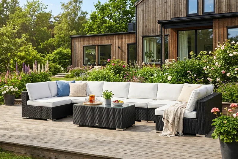 Bahamas U-formad utomhus loungegrupp med öppet avslut, 8-sits med bord - Svart - Trädgård & spabad - Utemiljö - Altan & terrass - Altanmöbler