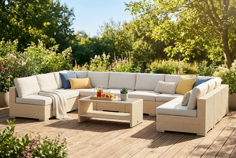 Bahamas U-formad utomhus loungegrupp med öppet avslut, 9-sits med bord - Beige - Trädgård & spabad - Utemiljö - Altan & terrass - Altanmöbler
