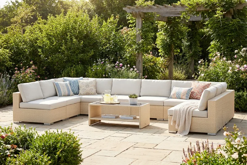 Bahamas U-formad utomhus loungegrupp med öppet avslut, 9-sits med bord och hylla - Beige - Trädgård & spabad - Utemiljö - Altan & terrass - Altanmöbler