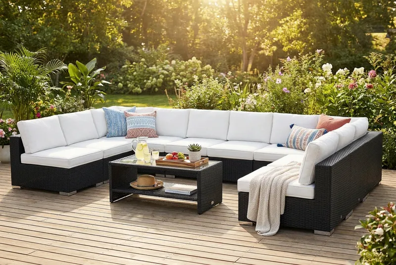 Bahamas U-formad utomhus loungegrupp med öppet avslut, 9-sits med bord och hylla - Svart - Trädgård & spabad - Utemiljö - Altan & terrass - Altanmöbler