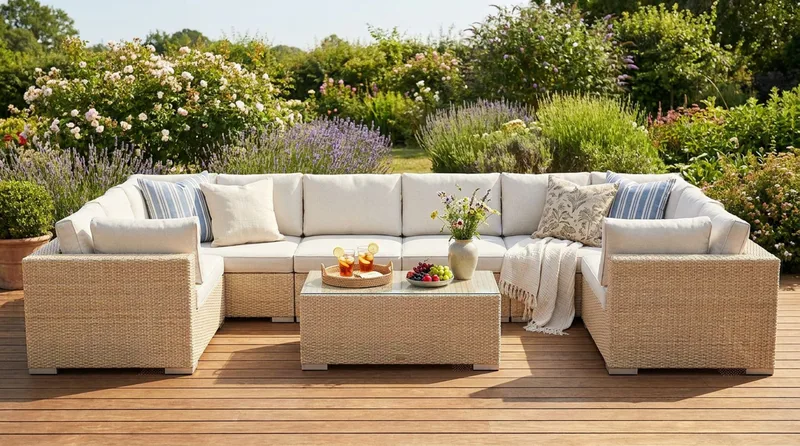 Bahamas U-formad utomhus loungegrupp med stängt avslut, 10-sits med bord - Beige - Utemöbler - Loungemöbler - Soffgrupp utomhus