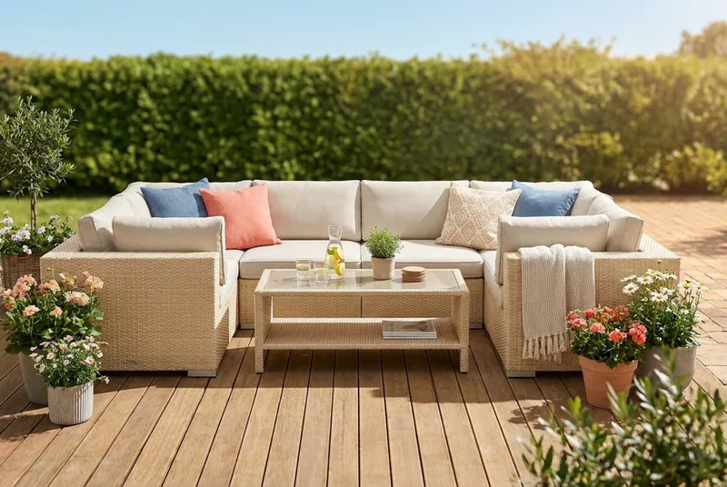 Bahamas U-formad utomhus loungegrupp med stängt avslut, 6-sits med bord och hylla - Beige - Utemöbler - Loungemöbler - Soffgrupp utomhus