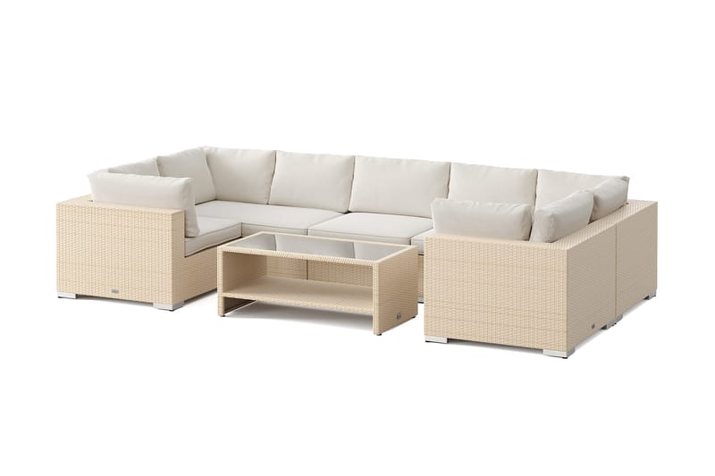 Bahamas U-formad utomhus loungegrupp med stängt avslut, 7-sits med bord och hylla, Beige