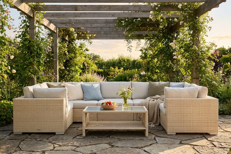 Bahamas U-formad utomhus loungegrupp med stängt avslut, 7-sits med bord och hylla - Beige - Utemöbler - Loungemöbler - Soffgrupp utomhus