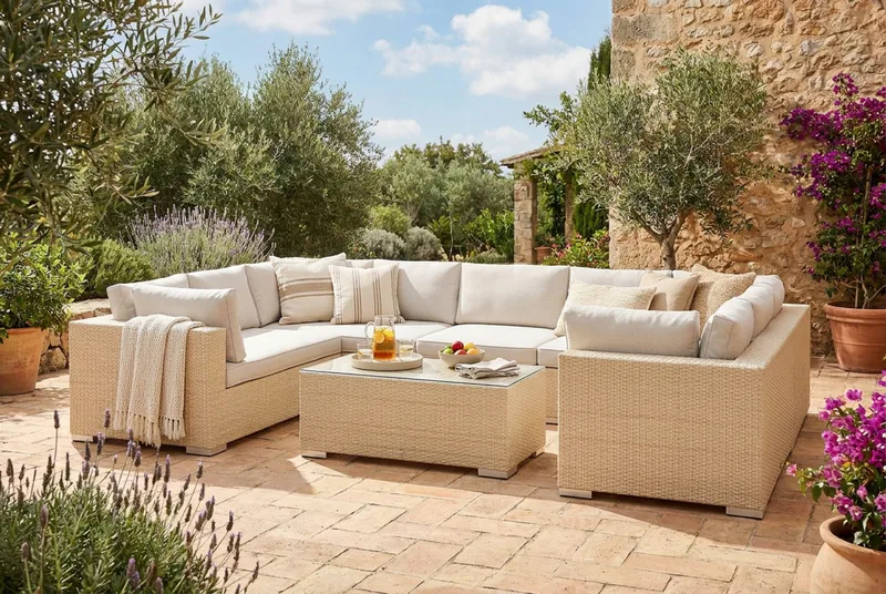 Bahamas U-formad utomhus loungegrupp med stängt avslut, 9-sits med bord - Beige - Trädgård & spabad - Utemiljö - Altan & terrass - Altanmöbler