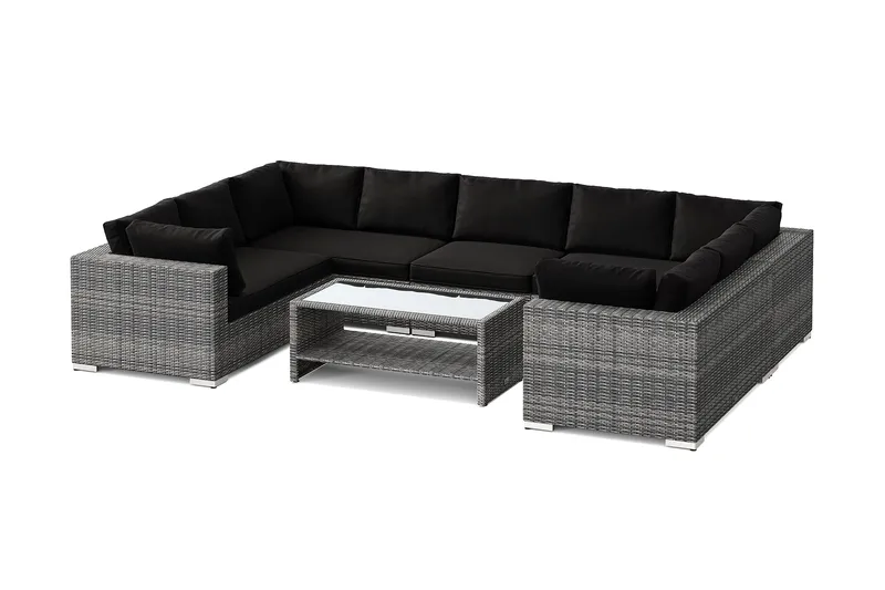 Bahamas U-formad utomhus loungegrupp med stängt avslut, 9-sits med bord och hylla, Grå