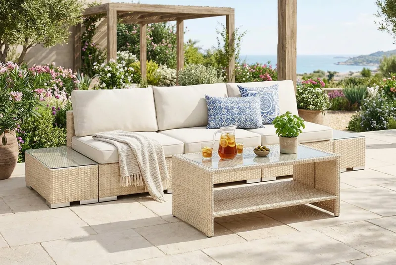 Bahamas utesoffa 3-sits med bord med hylla - Beige - Utemöbler - Loungemöbler - Soffgrupp utomhus