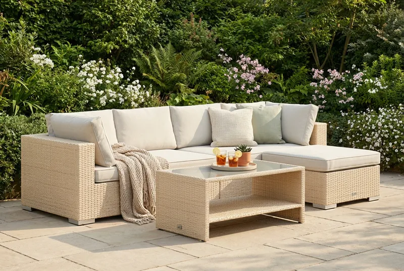 Bahamas utomhus divansoffa 5-sits med vändbar divan och bord med hylla - Beige - Trädgård & spabad - Utemiljö - Altan & terrass - Altanmöbler