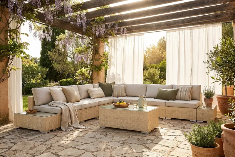 Bahamas utomhus hörnsoffa 7-sits vändbar med öppet avslut och bord - Beige - Trädgård & spabad - Utemiljö - Altan & terrass - Altanmöbler