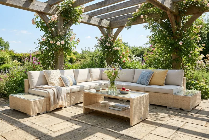 Bahamas utomhus hörnsoffa 7-sits vändbar med öppet avslut och bord med hylla - Beige - Trädgård & spabad - Utemiljö - Altan & terrass - Altanmöbler