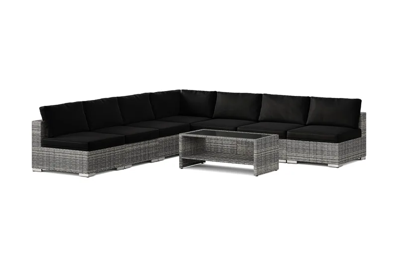 Bahamas utomhus hörnsoffa 7-sits vändbar med öppet avslut och bord med hylla, Grå