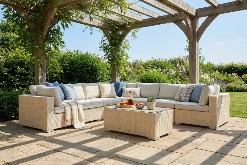Bahamas utomhus hörnsoffa 7-sits vändbar med bord - Beige - Trädgård & spabad - Utemiljö - Altan & terrass - Altanmöbler