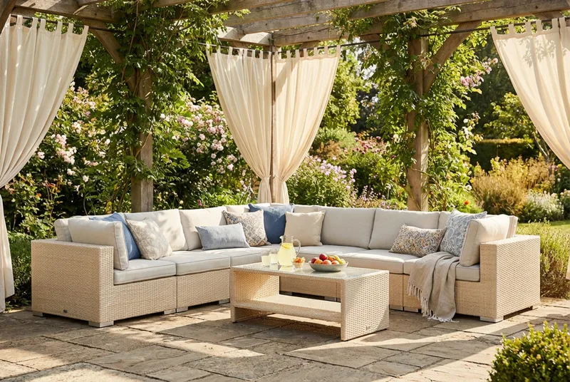 Bahamas utomhus hörnsoffa 7-sits vändbar och bord med hylla - Beige - Trädgård & spabad - Utemiljö - Altan & terrass - Altanmöbler