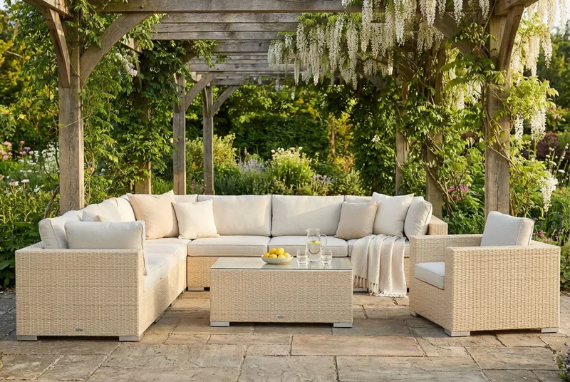 Bahamas utomhus hörnsoffa 8-sits vändbar med fåtölj och bord - Beige - Trädgård & spabad - Utemiljö - Altan & terrass - Altanmöbler