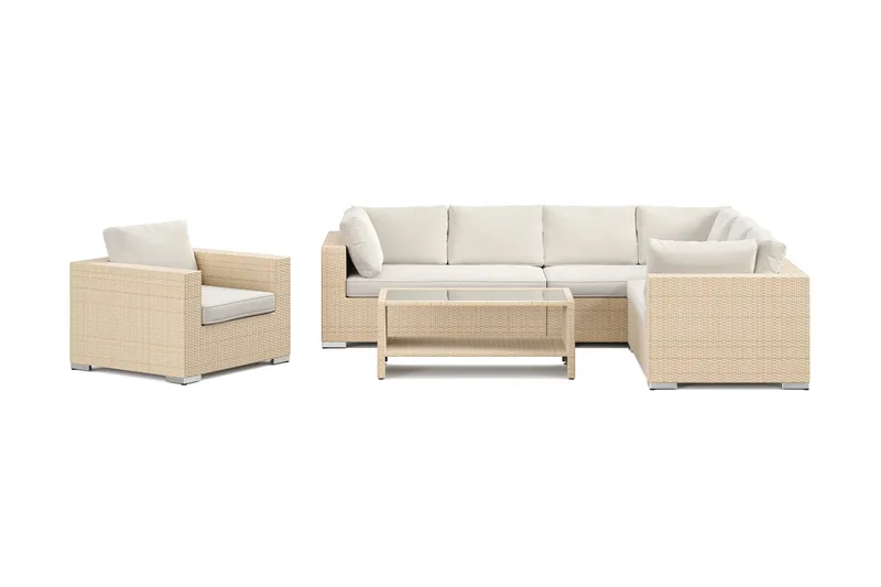 Bahamas utomhus L-soffa höger 7-sits med fåtölj och bord med hylla - Beige - Trädgård & spabad - Utemiljö - Altan & terrass - Altanmöbler