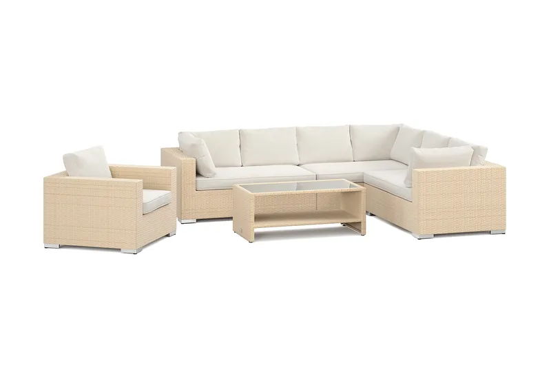 Bahamas utomhus L-soffa höger 7-sits med fåtölj och bord med hylla - Beige - Trädgård & spabad - Utemiljö - Altan & terrass - Altanmöbler
