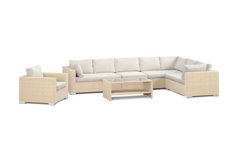 Bahamas utomhus L-soffa höger 8-sits med fåtölj och bord med hylla - Beige - Trädgård & spabad - Utemiljö - Altan & terrass - Altanmöbler