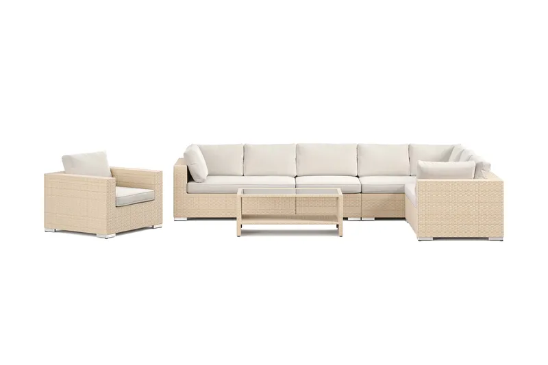 Bahamas utomhus L-soffa höger 8-sits med fåtölj och bord med hylla - Beige - Trädgård & spabad - Utemiljö - Altan & terrass - Altanmöbler