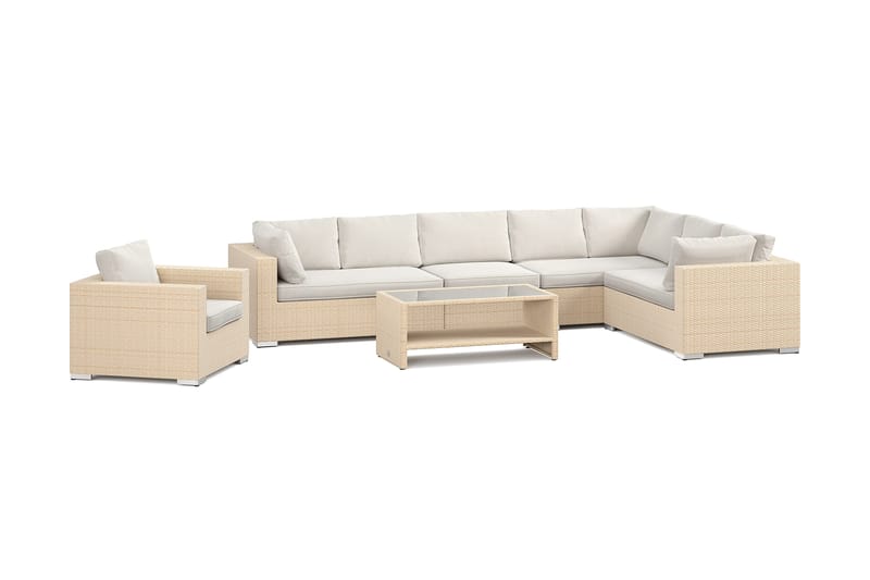 Bahamas utomhus L-soffa vänster 8-sits med fåtölj och bord med hylla, Beige