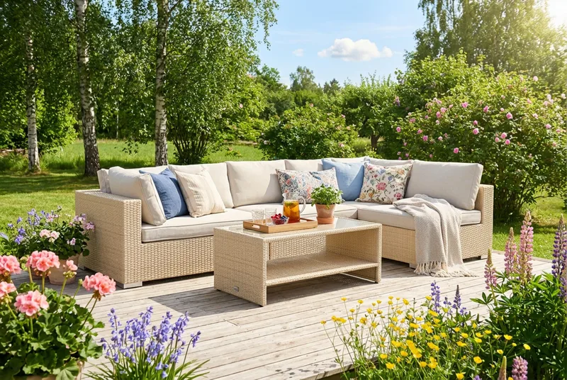 Bahamas utomhus loungegrupp 6-sits med vändbar schäslong och bord med hylla - Beige - Trädgård & spabad - Utemiljö - Altan & terrass - Altanmöbler