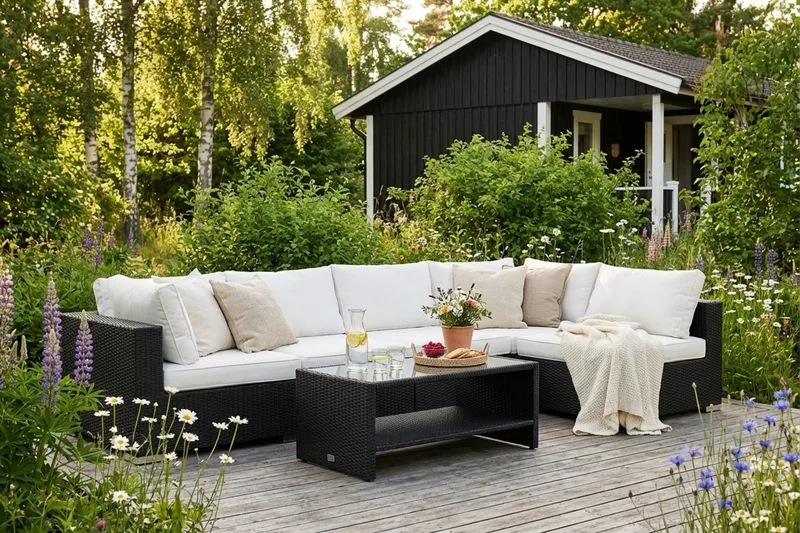 Bahamas utomhus loungegrupp 6-sits med vändbar schäslong och bord med hylla - Svart - Trädgård & spabad - Utemiljö - Altan & terrass - Altanmöbler