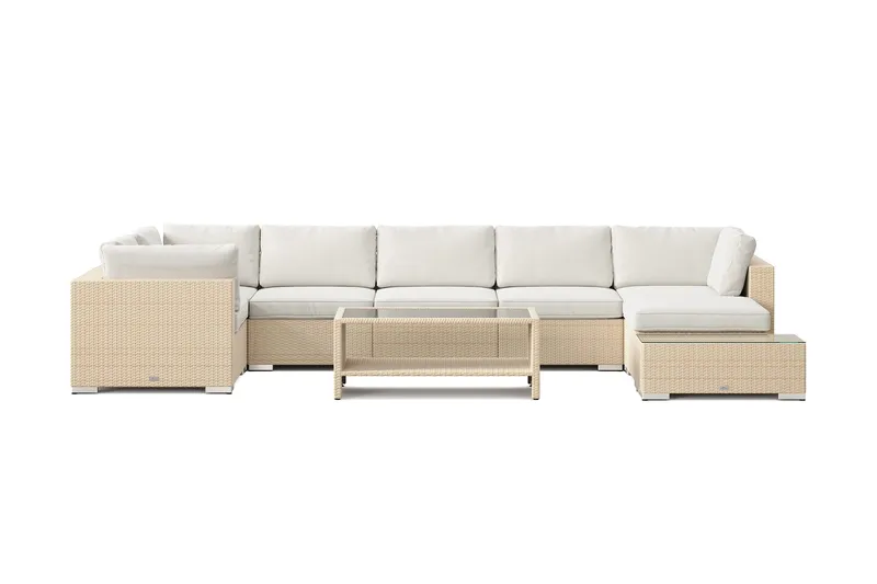 Bahamas utomhus U-soffa 7-sits vändbar divan med öppet avslut och bord med hylla - Beige - Trädgård & spabad - Utemiljö - Altan & terrass - Altanmöbler