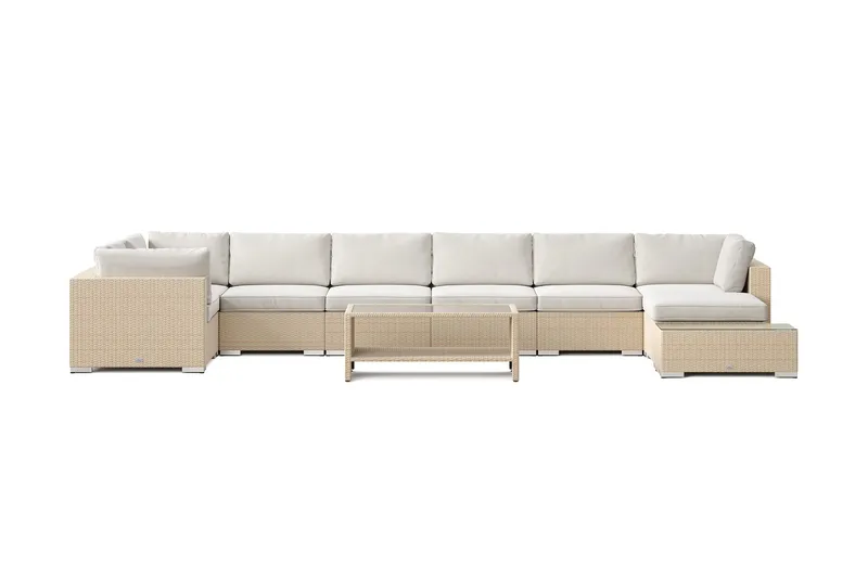 Bahamas utomhus U-soffa 8-sits vändbar divan med öppet avslut och bord med hylla - Beige - Trädgård & spabad - Utemiljö - Altan & terrass - Altanmöbler