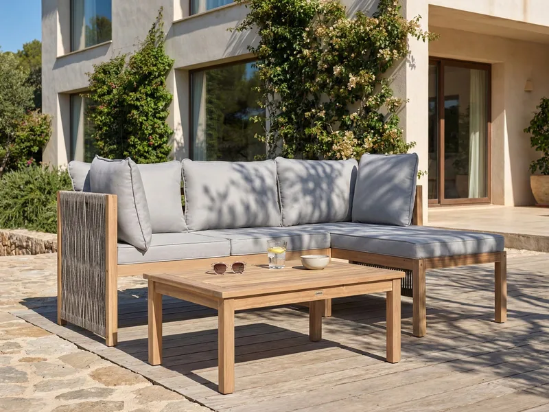 Hörnsoffa utomhus med Bord 3-Sits Arabba Vänstervänd Akaciaträ - Brun/Grå - Trädgård & spabad - Utemiljö - Altan & terrass - Altanmöbler