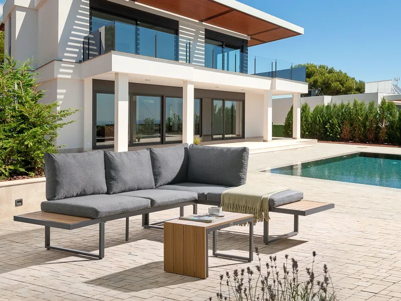 Hörnsoffa utomhus med Bord 4-Sits Pienza Högervänd - Grå/Brun/Svart - Trädgård & spabad - Utemiljö - Altan & terrass - Altanmöbler