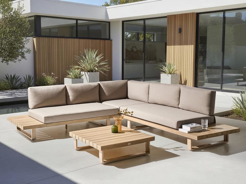 Hörnsoffa utomhus med Bord 5-Sits Mykonos Högervänd Akaciaträ - Beige/Brun - Utemöbler - Loungemöbler - Soffgrupp utomhus