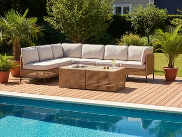 Hörnsoffa utomhus med Bord 6-Sits Omegana Modulär Konstrotting - Beige/Svart - Utemöbler - Loungemöbler - Soffgrupp utomhus