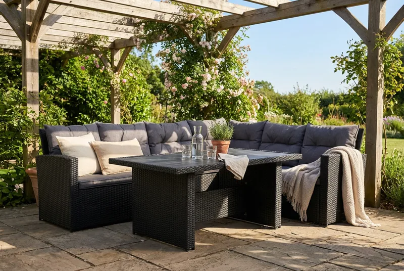 James 5-sits Högervänd Loungegrupp Utomhus – Soffgrupp med grå dynor och bord i konstrotting - Mörkgrå/Svart - Trädgård & spabad - Utemiljö - Altan & terrass - Altanmöbler