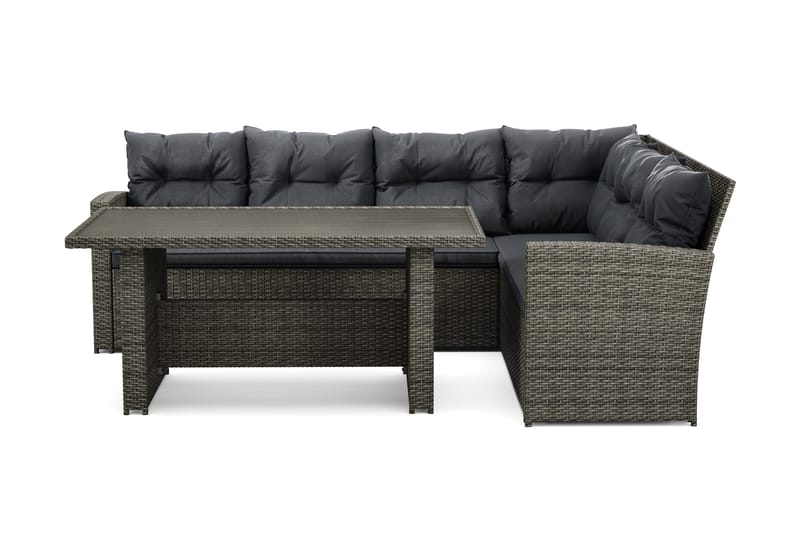 James 5-sits Högervänd Loungegrupp Utomhus – Soffgrupp med grå dynor och bord i konstrotting, Mörkgrå/Svart/Brun