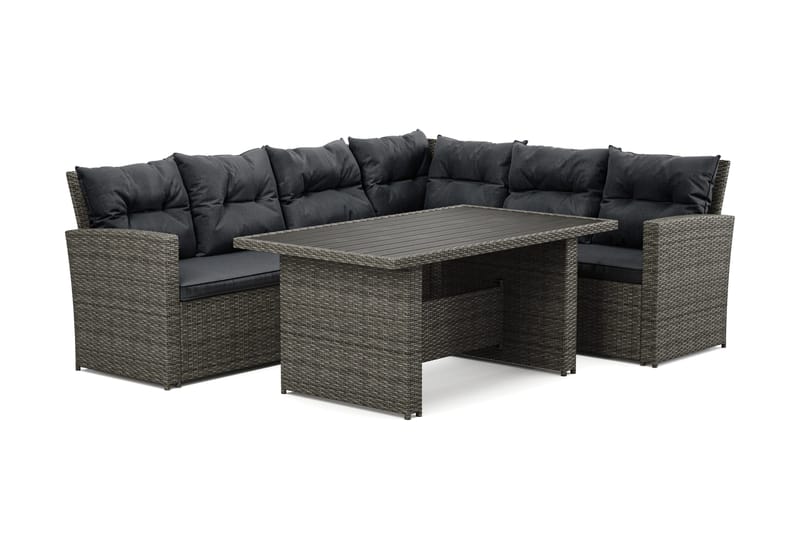 James 5-sits Högervänd Loungegrupp Utomhus – Soffgrupp med grå dynor och bord i konstrotting - Mörkgrå/Svart/Brun - Trädgård & spabad - Utemiljö - Altan & terrass - Altanmöbler